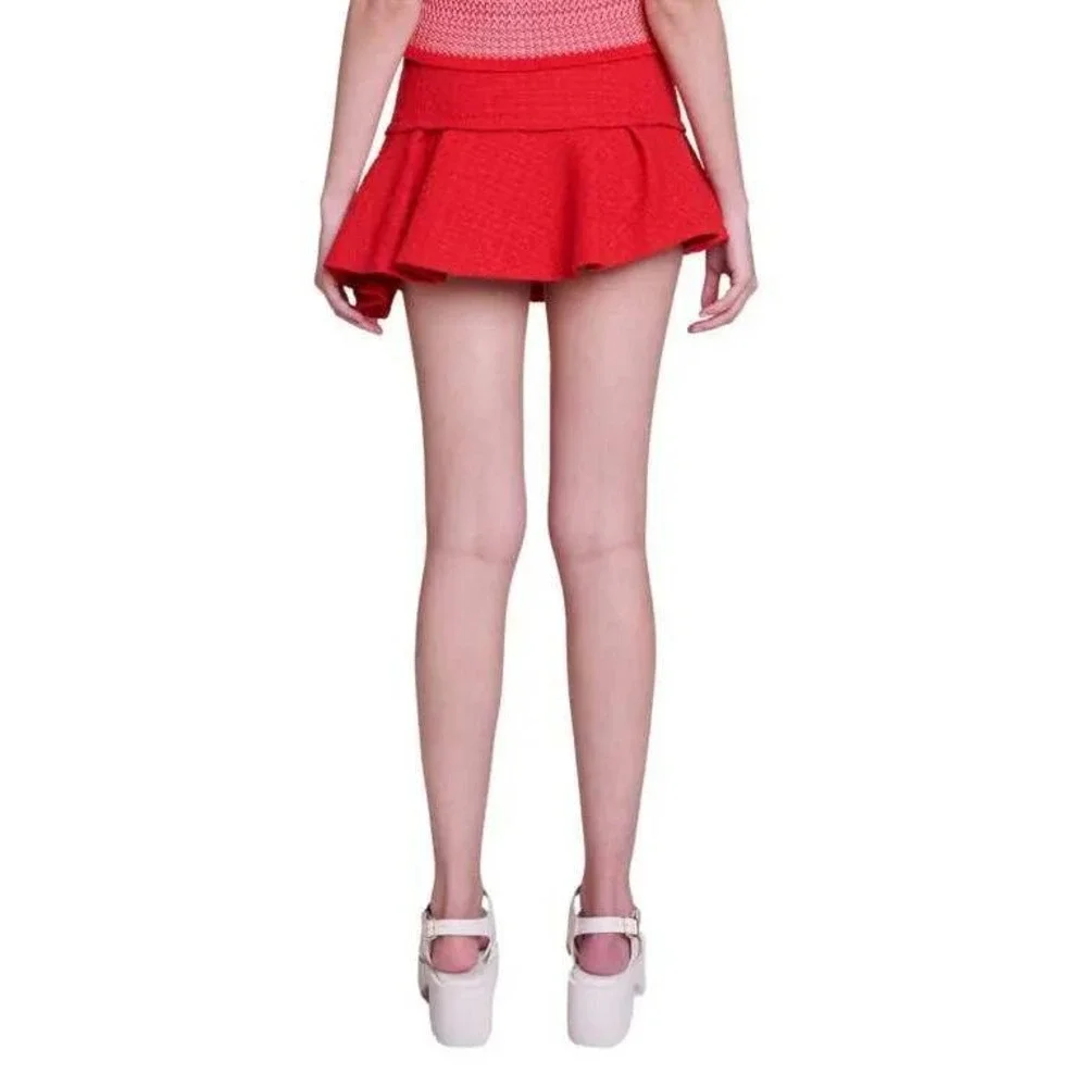 Maje Tweed Ruffled Pleated Asymmetrical Red Micro Mini Skort Skirt US S EU 36